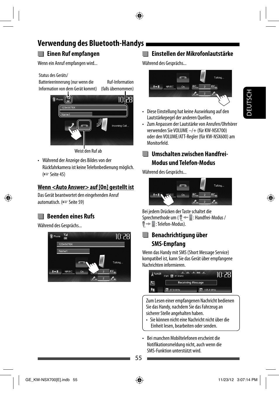 Verwendung des bluetooth-handys, Einen ruf empfangen, Beenden eines rufs | Einstellen der mikrofonlautstärke, Benachrichtigung über sms-empfang | JVC KW-NSX700 User Manual | Page 131 / 309