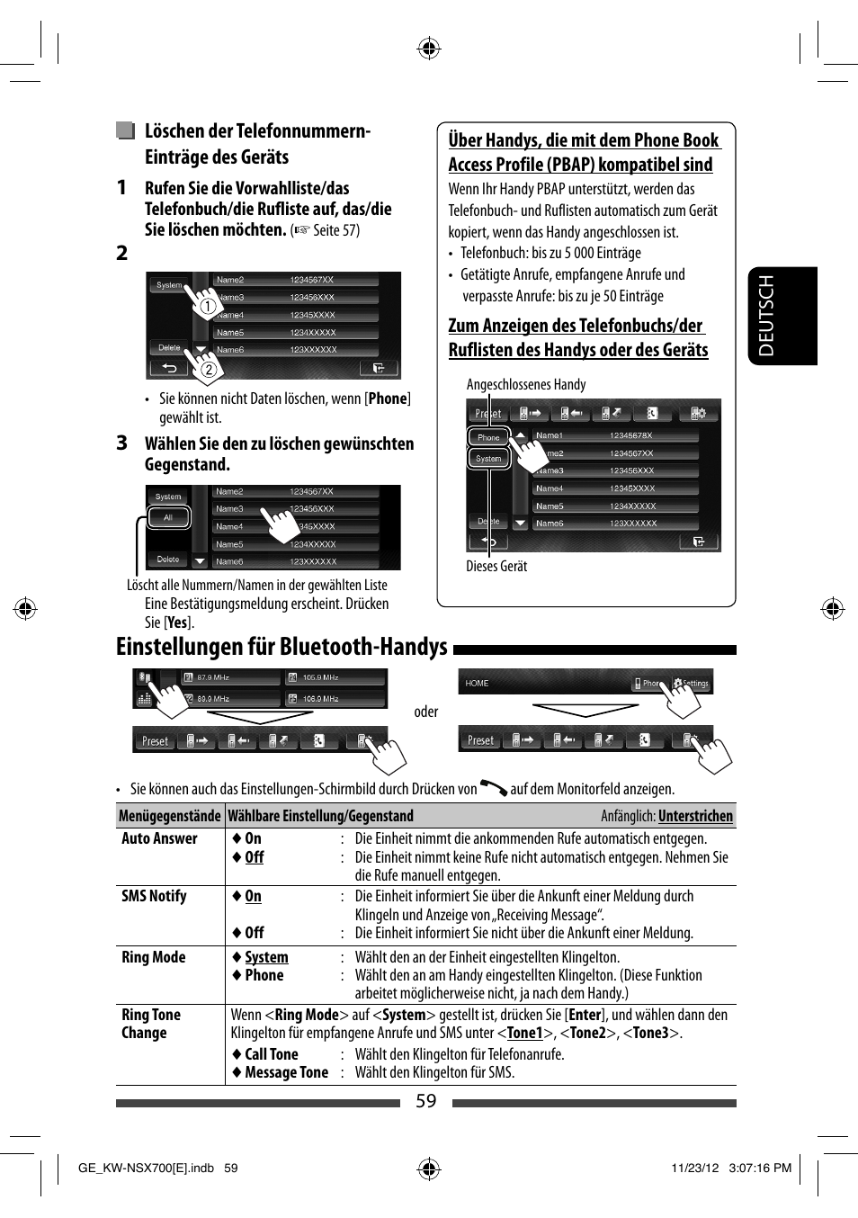 Einstellungen für bluetooth-handys, Löschen der telefonnummern- einträge des geräts | JVC KW-NSX700 User Manual | Page 135 / 309