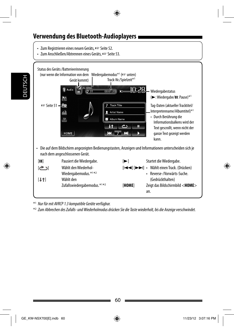 Verwendung des bluetooth-audioplayers, 60 deut sch | JVC KW-NSX700 User Manual | Page 136 / 309