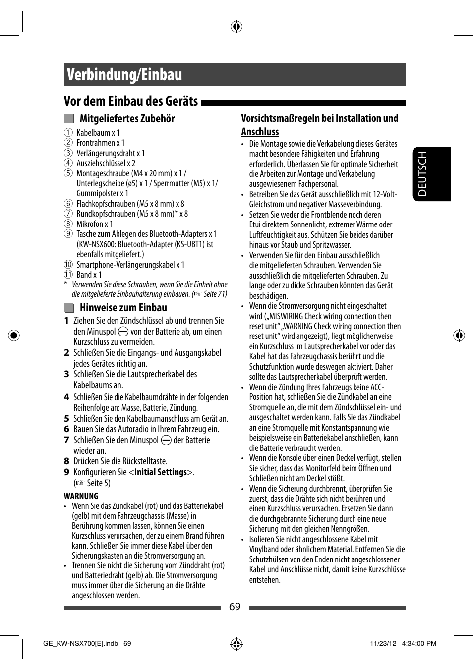 Verbindung/einbau, Vor dem einbau des geräts | JVC KW-NSX700 User Manual | Page 145 / 309