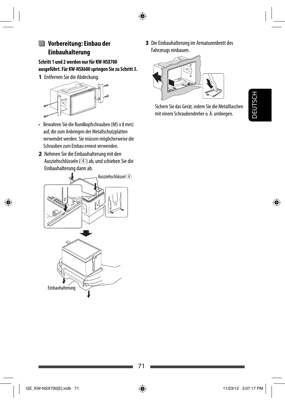 Vorbereitung: einbau der einbauhalterung, 71 deut sch | JVC KW-NSX700 User Manual | Page 147 / 309