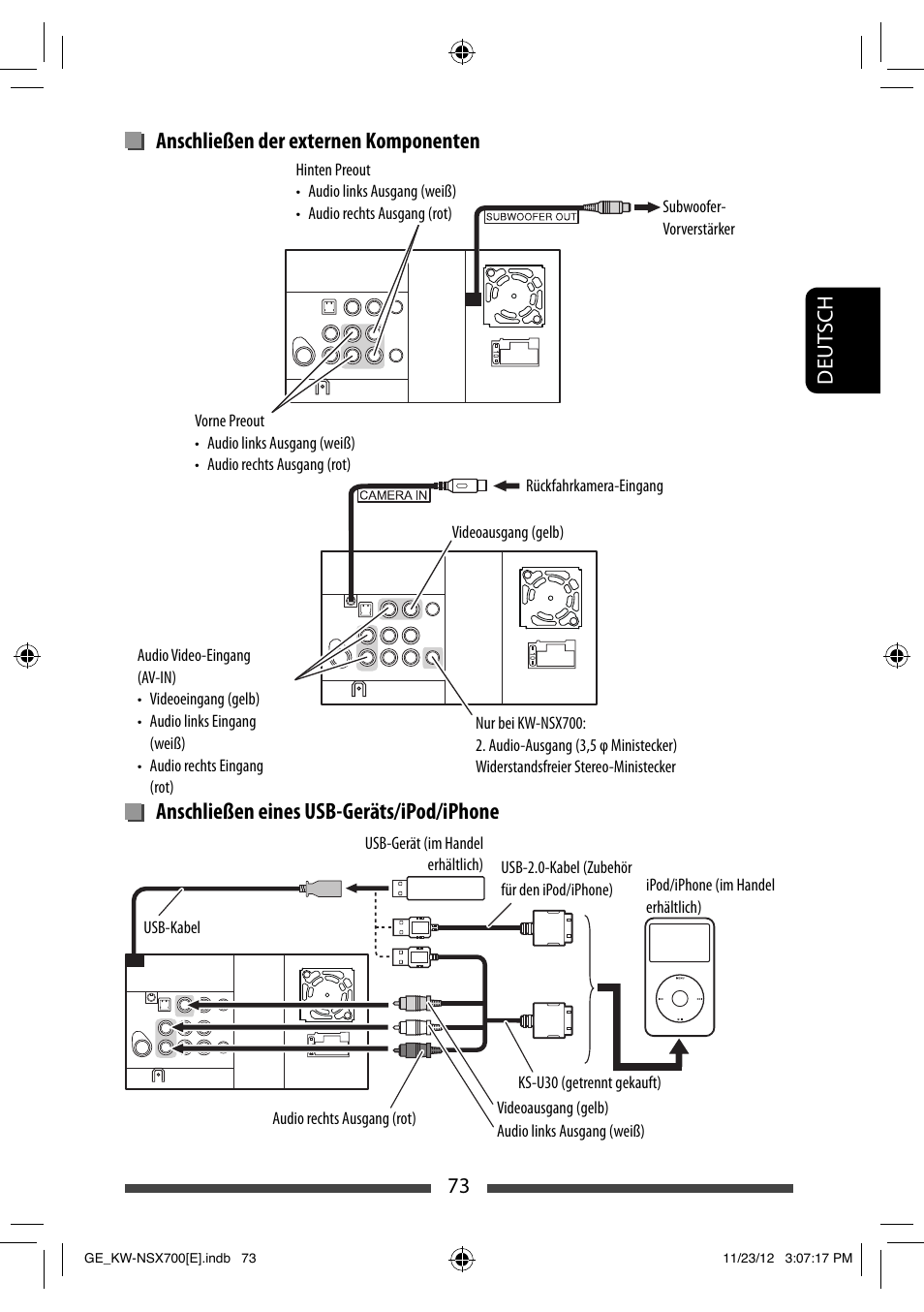 Anschließen der externen komponenten, Anschließen eines usb-geräts/ipod/iphone, 73 deut sch | JVC KW-NSX700 User Manual | Page 149 / 309