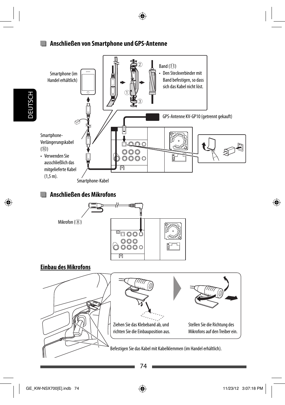 74 deut sch, Einbau des mikrofons | JVC KW-NSX700 User Manual | Page 150 / 309