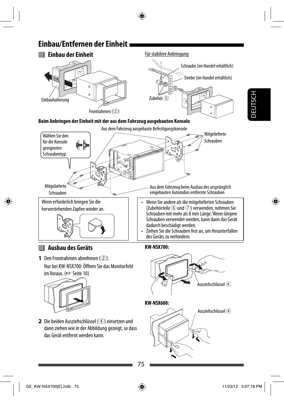 Einbau/entfernen der einheit, Einbau der einheit, Ausbau des geräts | JVC KW-NSX700 User Manual | Page 151 / 309