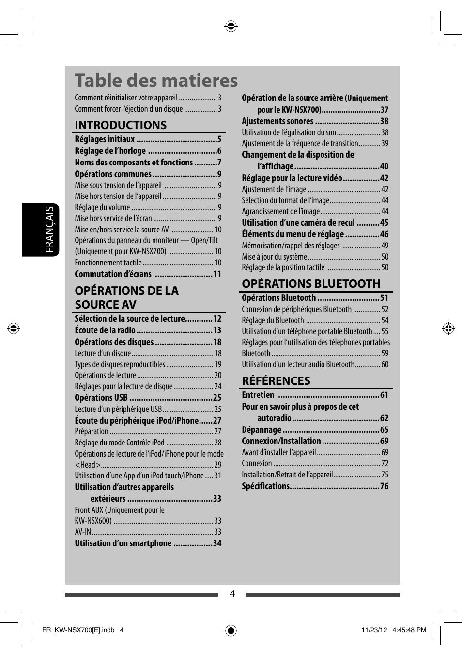 Table des matieres, Introductions, Opérations de la source av | Opérations bluetooth, Références | JVC KW-NSX700 User Manual | Page 156 / 309