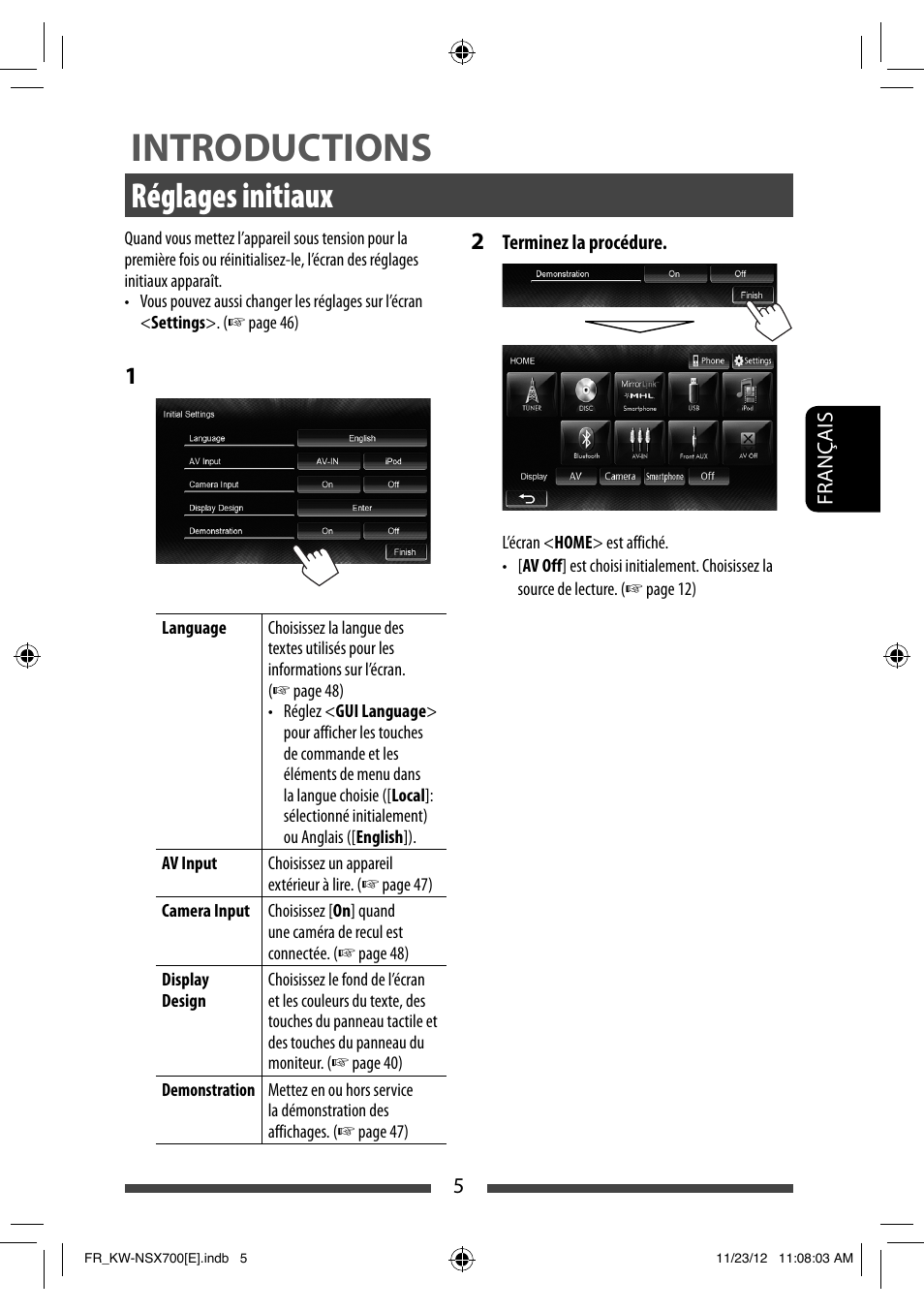 Introductions, Réglages initiaux | JVC KW-NSX700 User Manual | Page 157 / 309