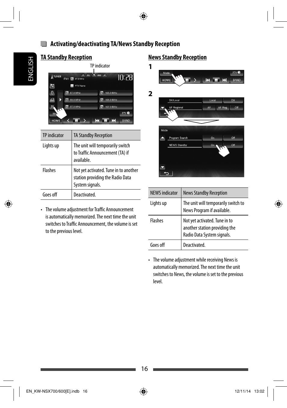 Activating/deactivating ta/news standby reception | JVC KW-NSX700 User Manual | Page 16 / 309