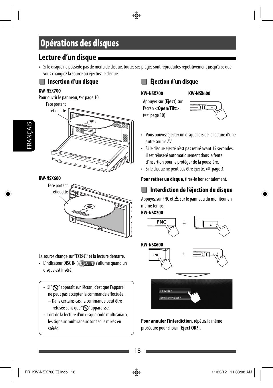 Opérations des disques, Lecture d’un disque, Éjection d’un disque | Interdiction de l’éjection du disque, Insertion d’un disque | JVC KW-NSX700 User Manual | Page 170 / 309