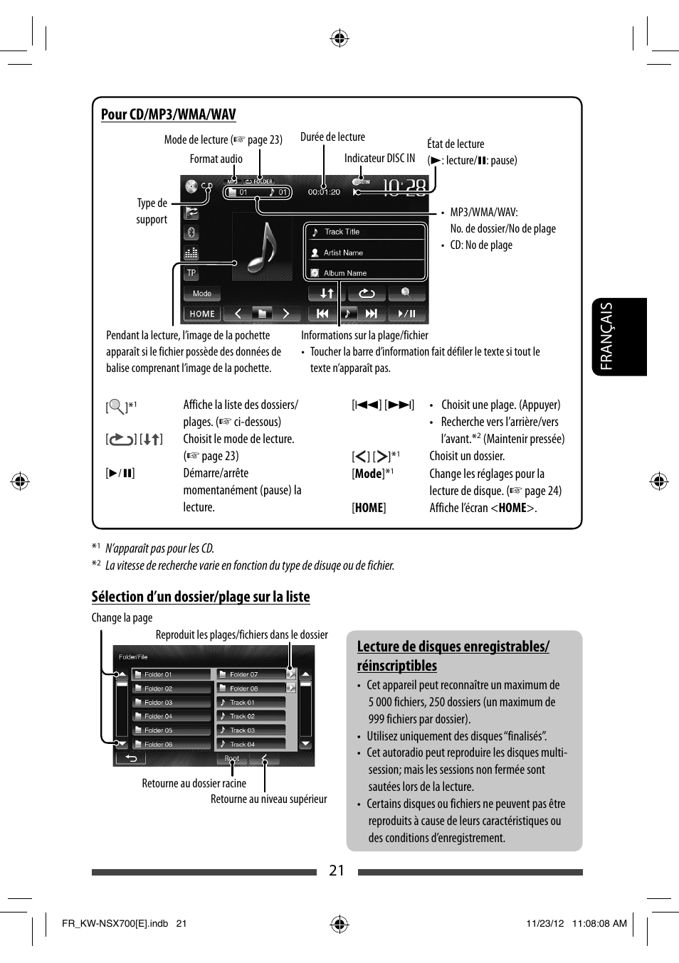 Sélection d’un dossier/plage sur la liste, Pour cd/mp3/wma/wav | JVC KW-NSX700 User Manual | Page 173 / 309