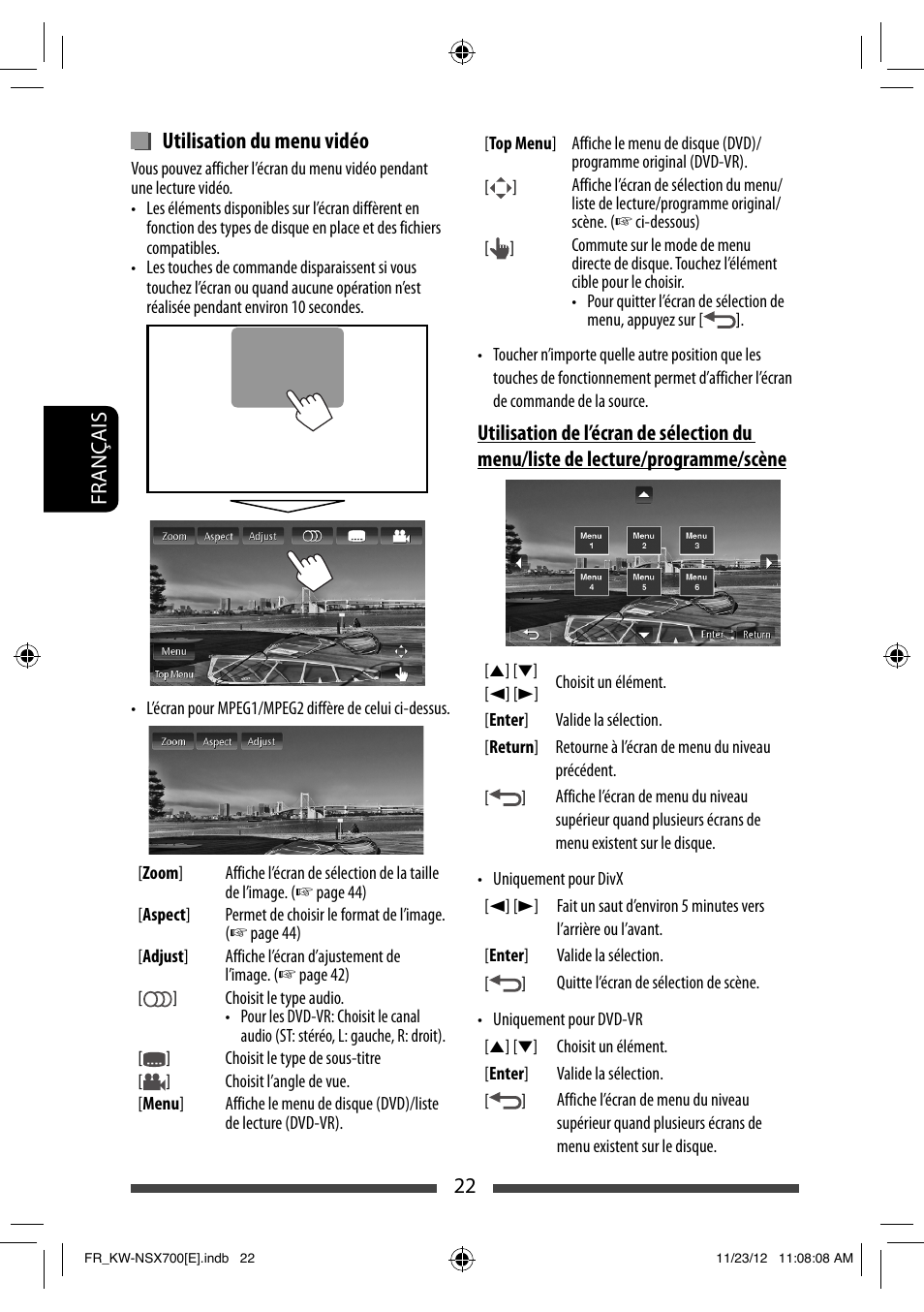 Utilisation du menu vidéo | JVC KW-NSX700 User Manual | Page 174 / 309