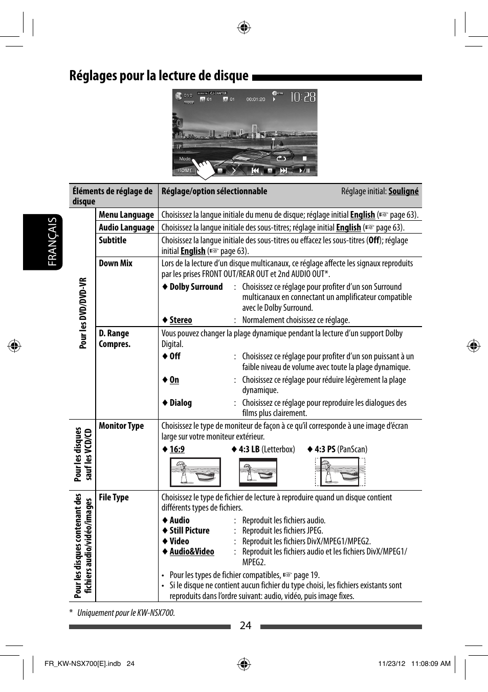 Réglages pour la lecture de disque | JVC KW-NSX700 User Manual | Page 176 / 309
