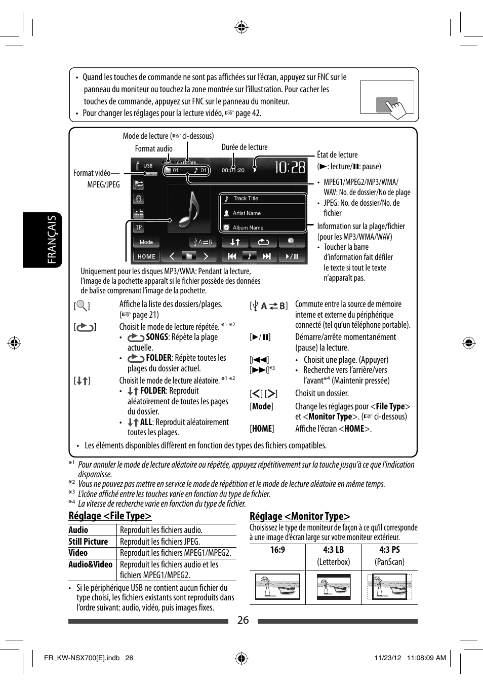 26 français réglage <file type, Réglage <monitor type | JVC KW-NSX700 User Manual | Page 178 / 309