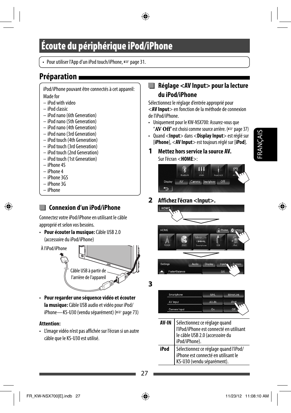 Écoute du périphérique ipod/iphone, Préparation | JVC KW-NSX700 User Manual | Page 179 / 309