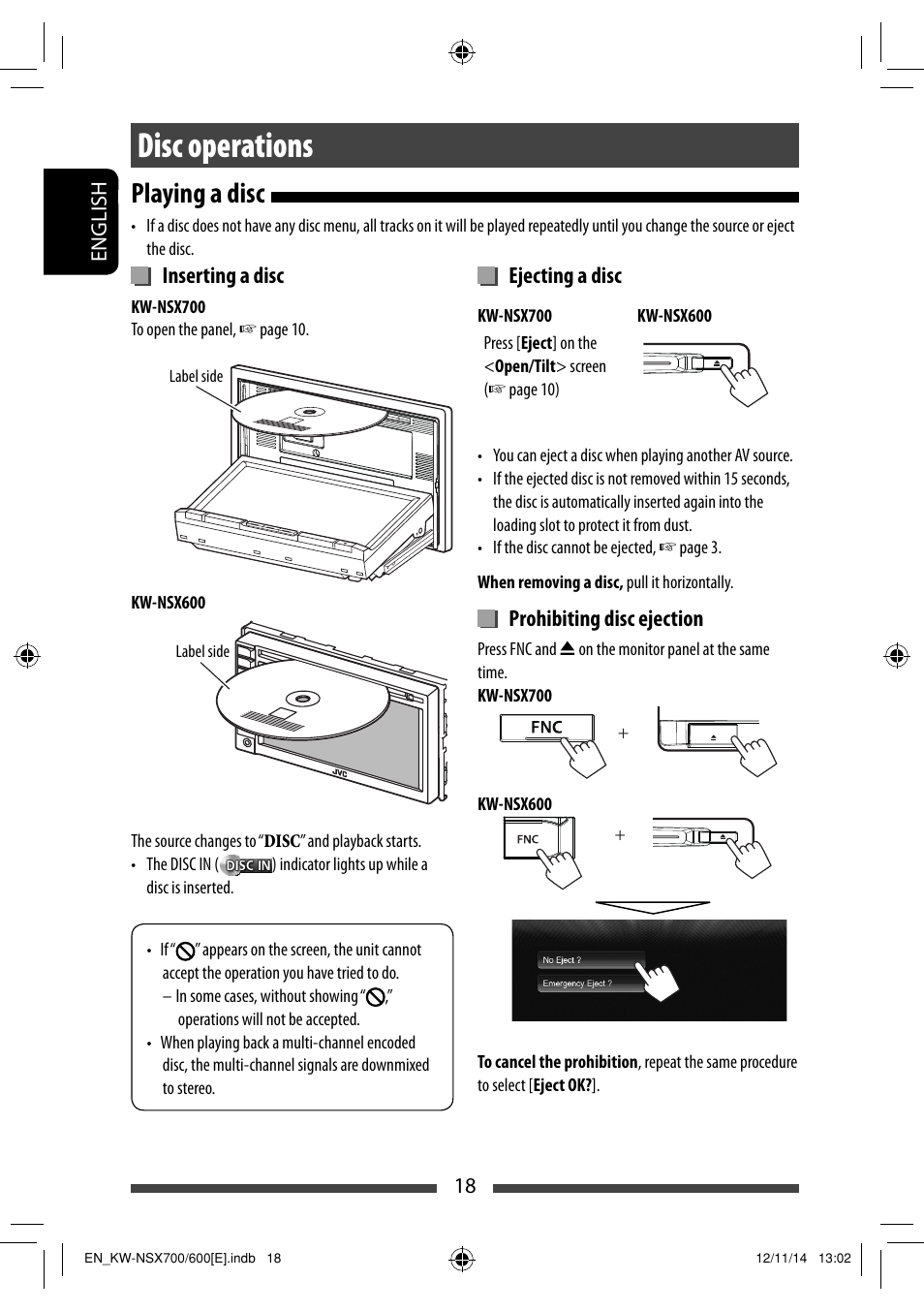 Disc operations, Playing a disc, Ejecting a disc | Prohibiting disc ejection, Inserting a disc | JVC KW-NSX700 User Manual | Page 18 / 309