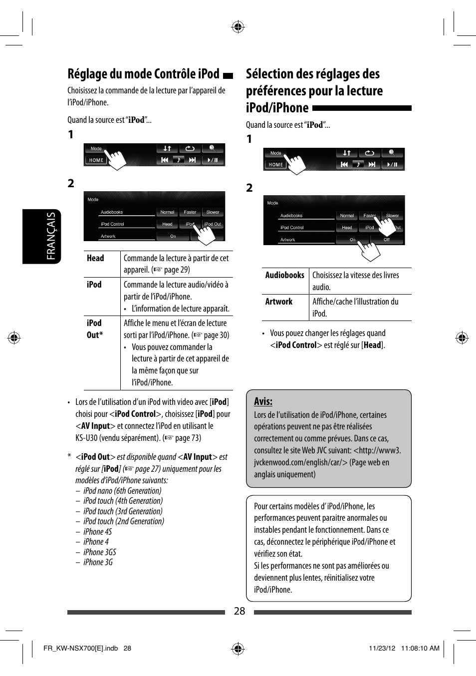 Réglage du mode contrôle ipod | JVC KW-NSX700 User Manual | Page 180 / 309