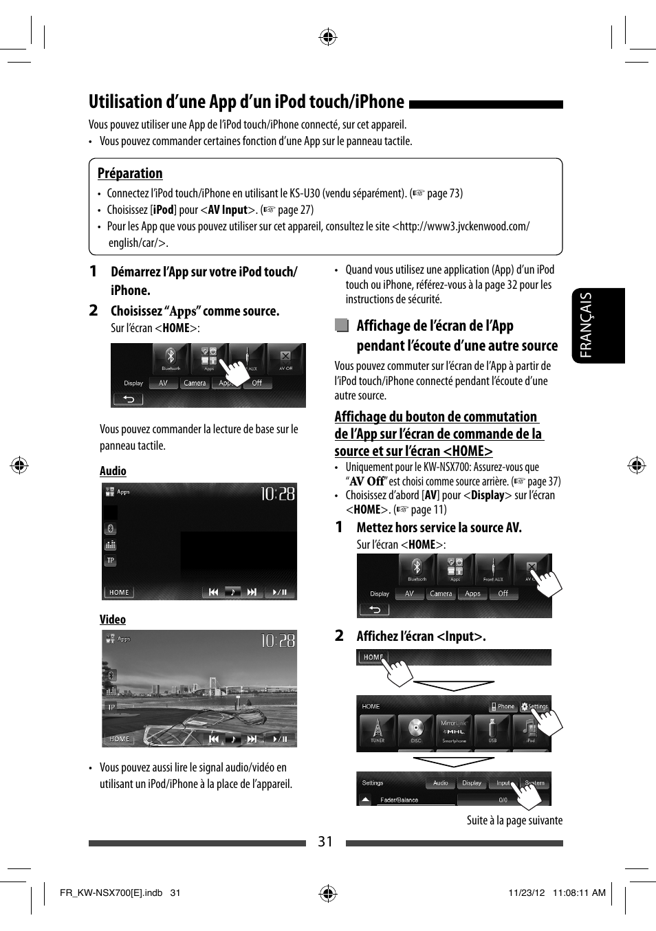 Utilisation d’une app d’un ipod touch/iphone | JVC KW-NSX700 User Manual | Page 183 / 309