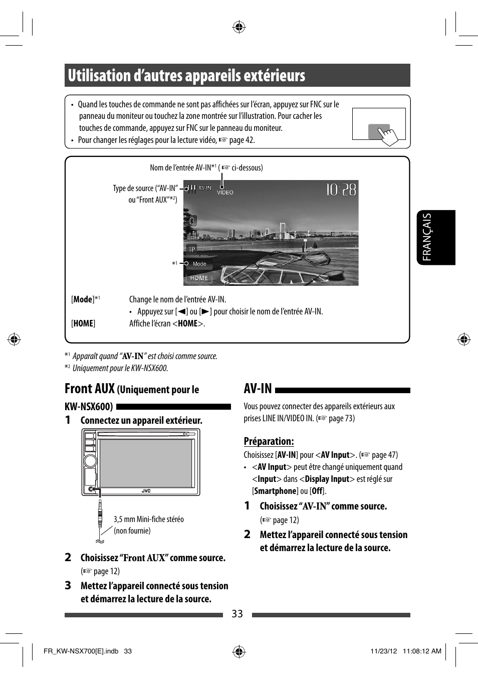 Utilisation d’autres appareils extérieurs, Av-in front aux | JVC KW-NSX700 User Manual | Page 185 / 309