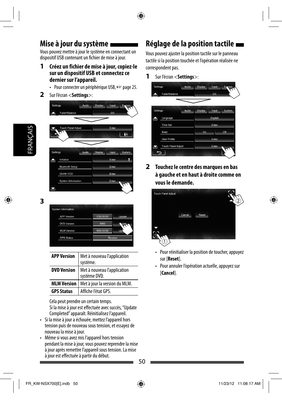 Mise à jour du système, Réglage de la position tactile | JVC KW-NSX700 User Manual | Page 202 / 309