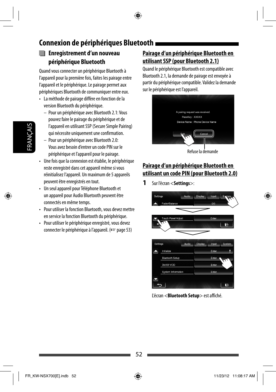 Connexion de périphériques bluetooth, Enregistrement d’un nouveau périphérique bluetooth | JVC KW-NSX700 User Manual | Page 204 / 309