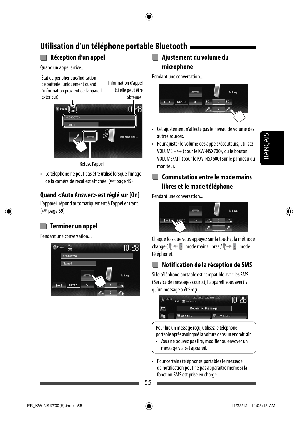 Utilisation d’un téléphone portable bluetooth, Réception d’un appel, Terminer un appel | Ajustement du volume du microphone, Notification de la réception de sms | JVC KW-NSX700 User Manual | Page 207 / 309