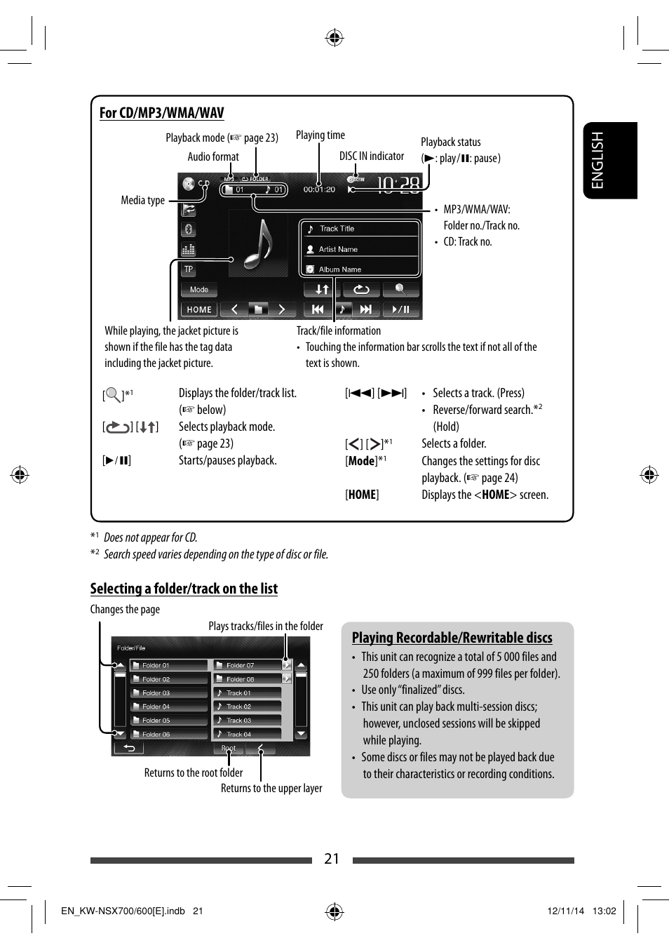 21 english playing recordable/rewritable discs, Selecting a folder/track on the list, For cd/mp3/wma/wav | JVC KW-NSX700 User Manual | Page 21 / 309