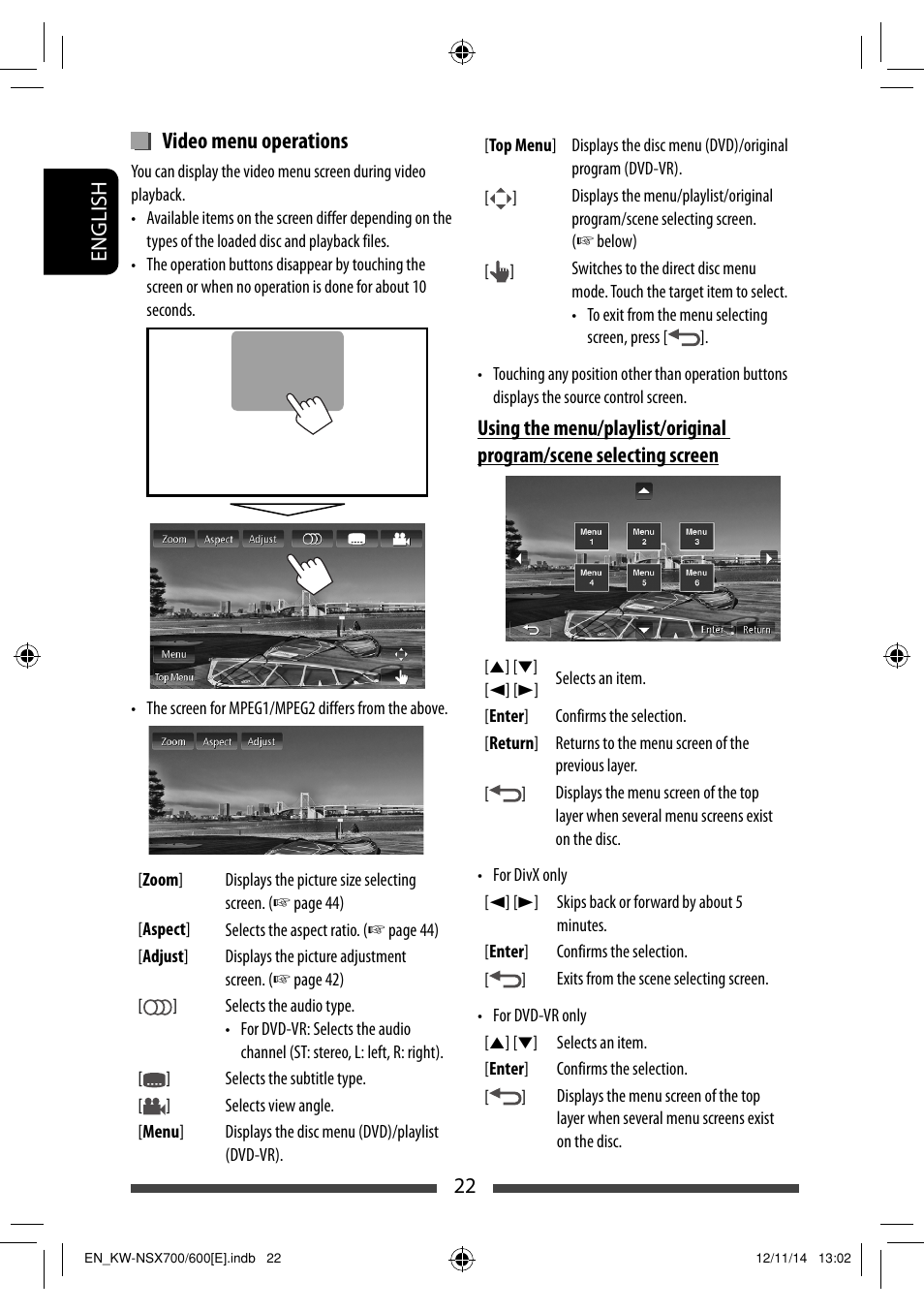 Video menu operations | JVC KW-NSX700 User Manual | Page 22 / 309