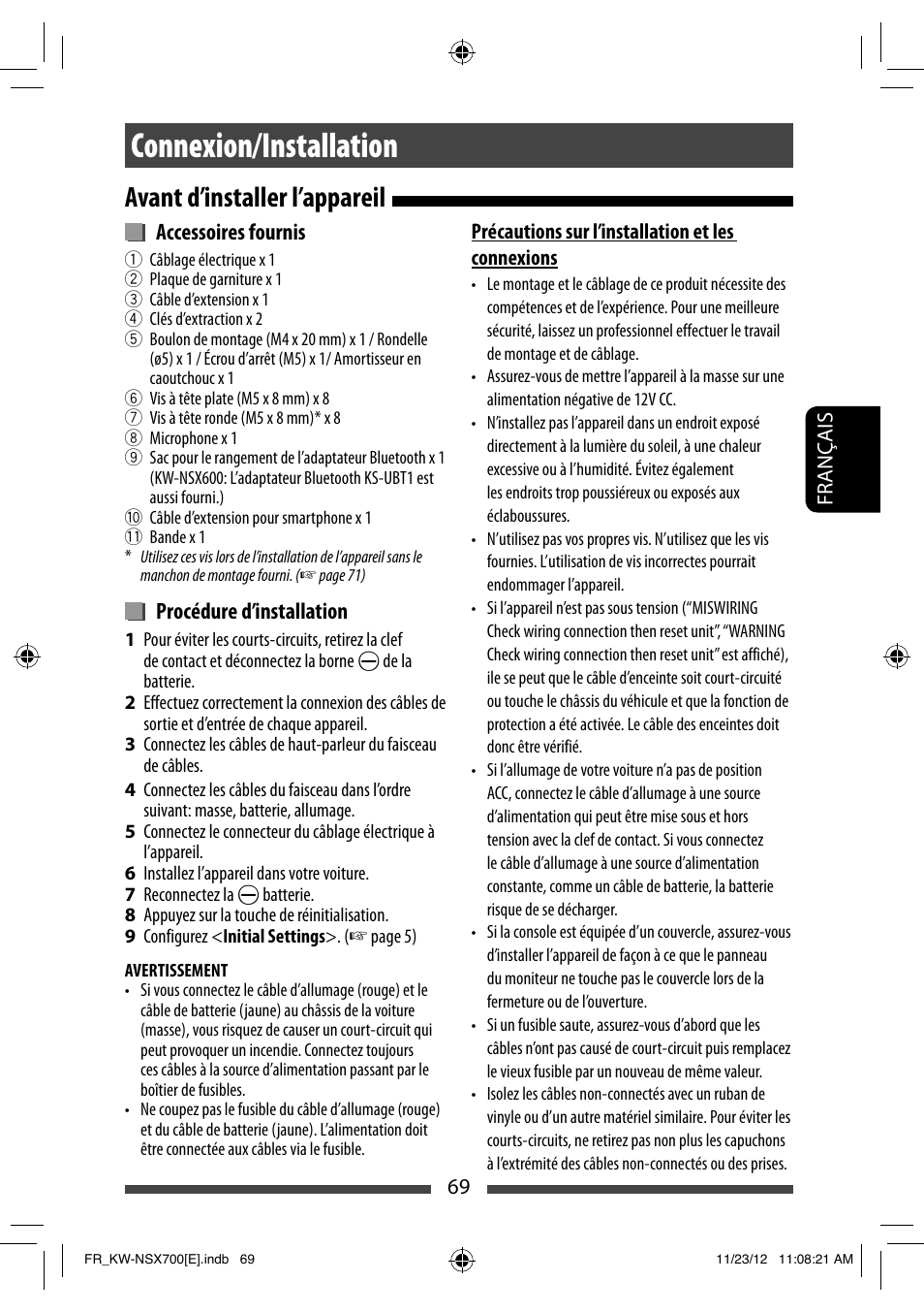 Connexion/installation, Avant d’installer l’appareil | JVC KW-NSX700 User Manual | Page 221 / 309