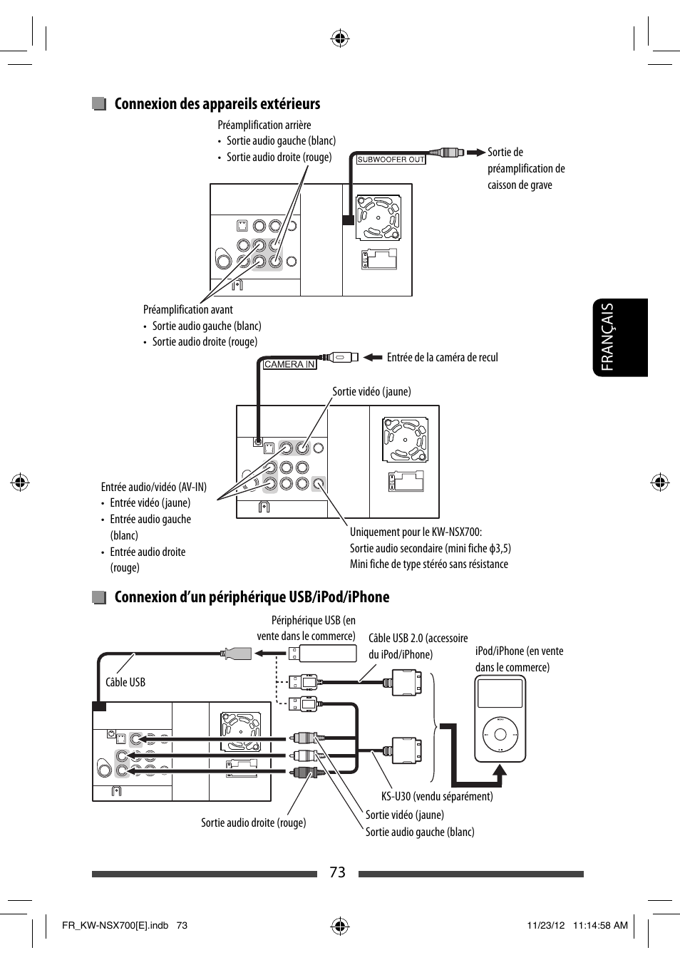 Connexion des appareils extérieurs, Connexion d’un périphérique usb/ipod/iphone, 73 français | JVC KW-NSX700 User Manual | Page 225 / 309