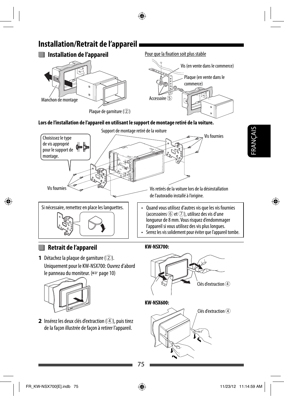 Installation/retrait de l’appareil, Installation de l’appareil, Retrait de l’appareil | JVC KW-NSX700 User Manual | Page 227 / 309