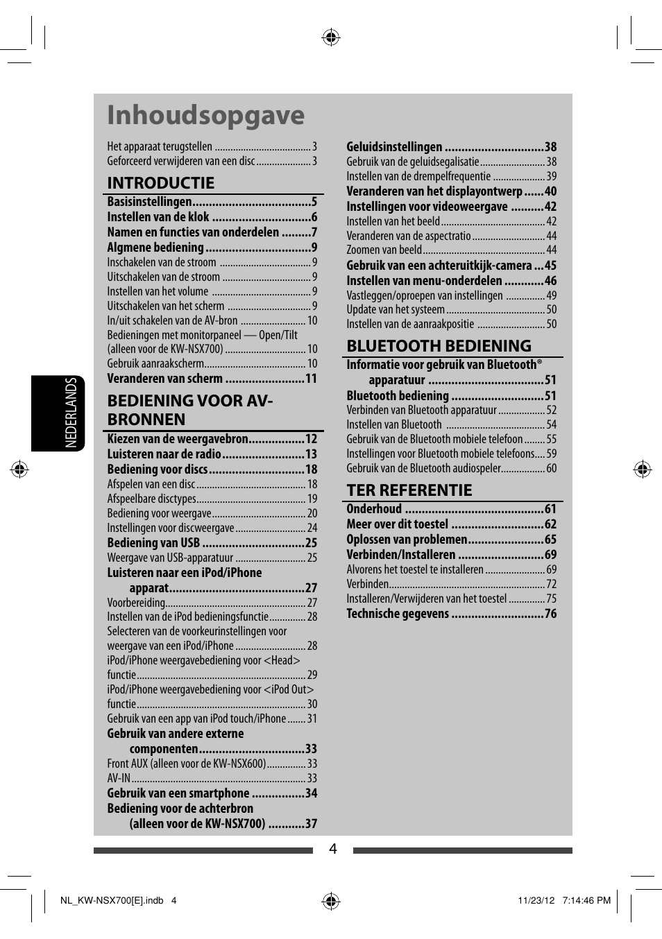 Inhoudsopgave, Introductie, Bediening voor av- bronnen | Bluetooth bediening, Ter referentie | JVC KW-NSX700 User Manual | Page 232 / 309