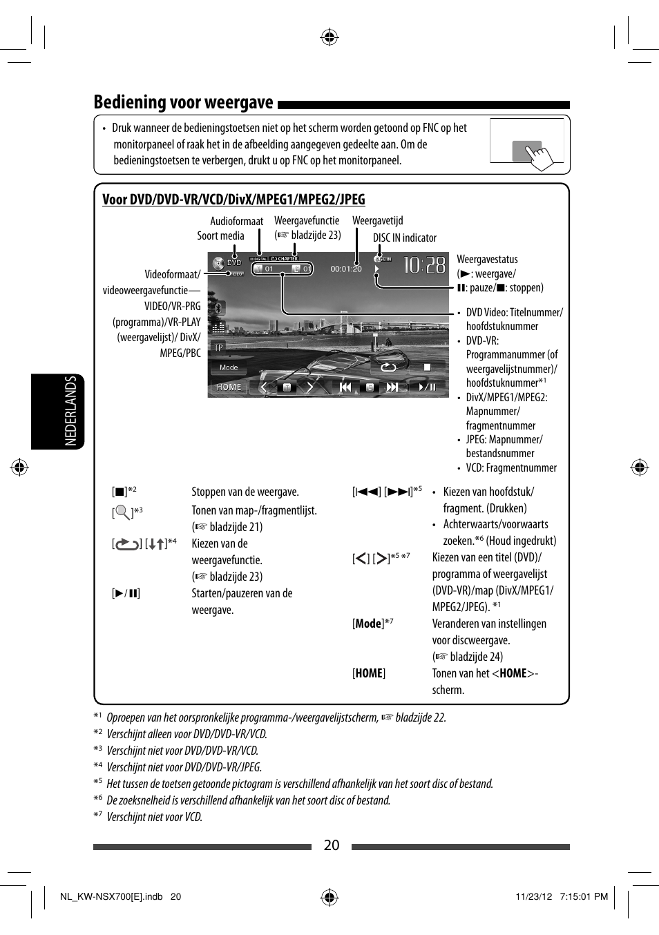 Bediening voor weergave, 20 nederlands, Voor dvd/dvd-vr/vcd/divx/mpeg1/mpeg2/jpeg | JVC KW-NSX700 User Manual | Page 248 / 309