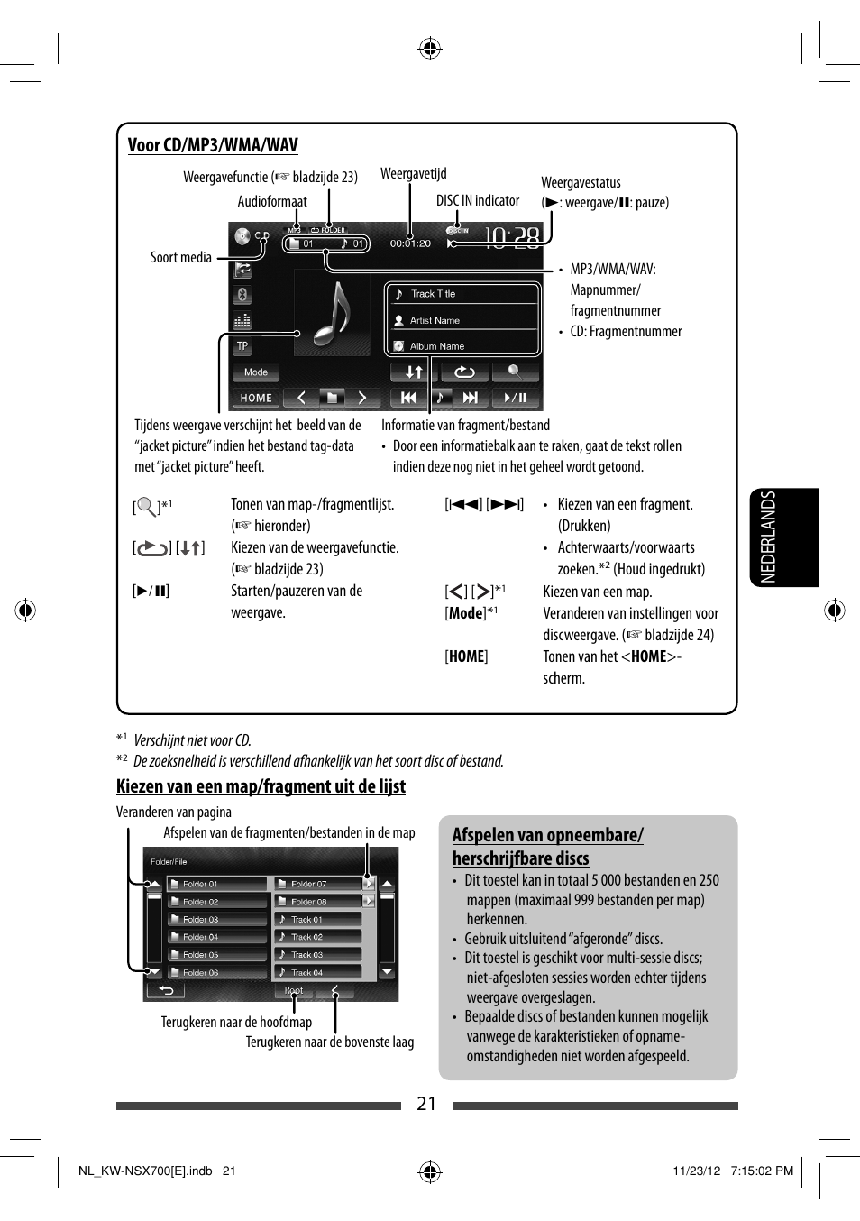 Kiezen van een map/fragment uit de lijst, Voor cd/mp3/wma/wav | JVC KW-NSX700 User Manual | Page 249 / 309