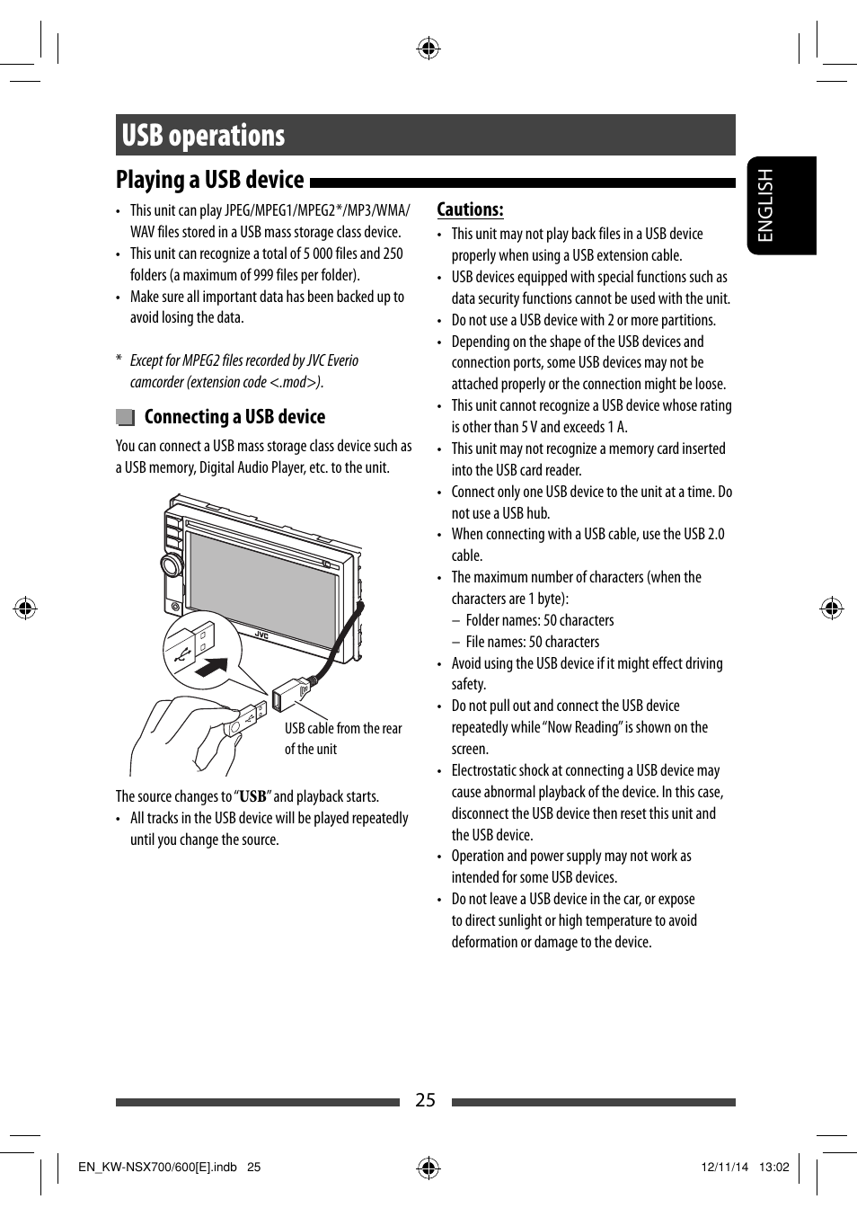 Usb operations, Playing a usb device, Connecting a usb device | JVC KW-NSX700 User Manual | Page 25 / 309