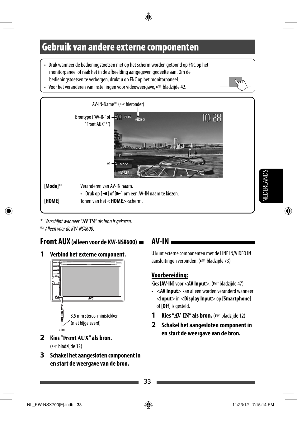 Gebruik van andere externe componenten, Av-in front aux | JVC KW-NSX700 User Manual | Page 261 / 309