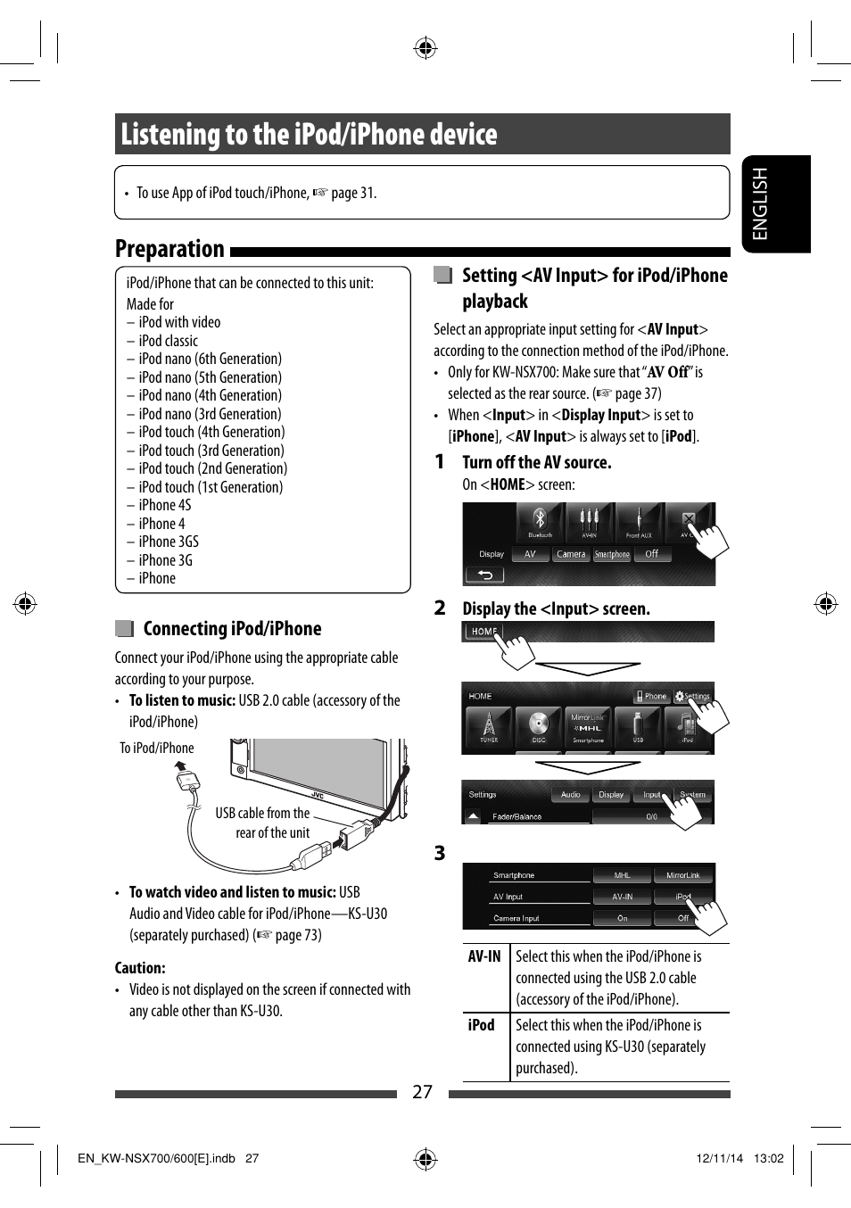 Listening to the ipod/iphone device, Preparation | JVC KW-NSX700 User Manual | Page 27 / 309