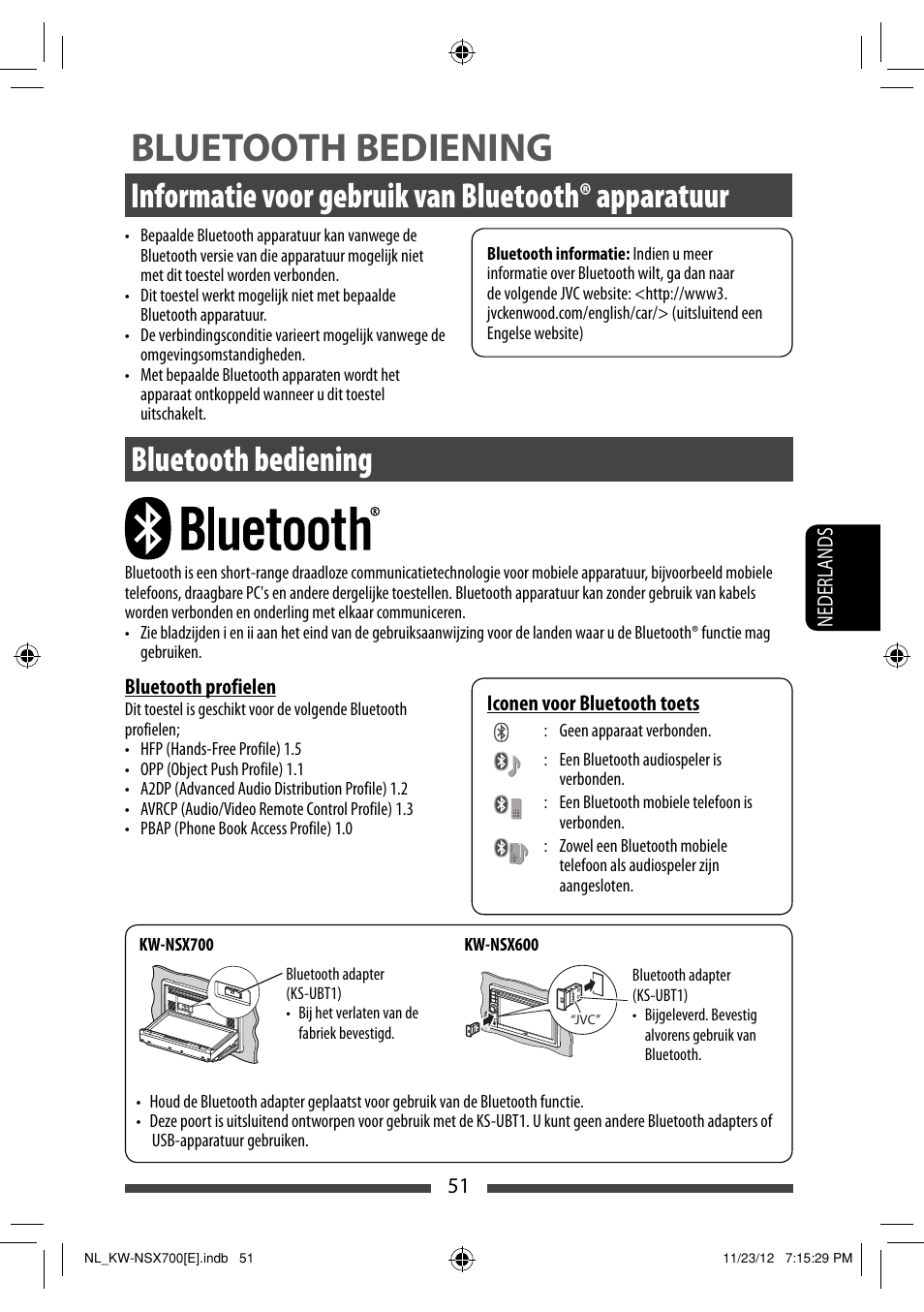 Bluetooth bediening, Informatie voor gebruik van bluetooth® apparatuur | JVC KW-NSX700 User Manual | Page 279 / 309