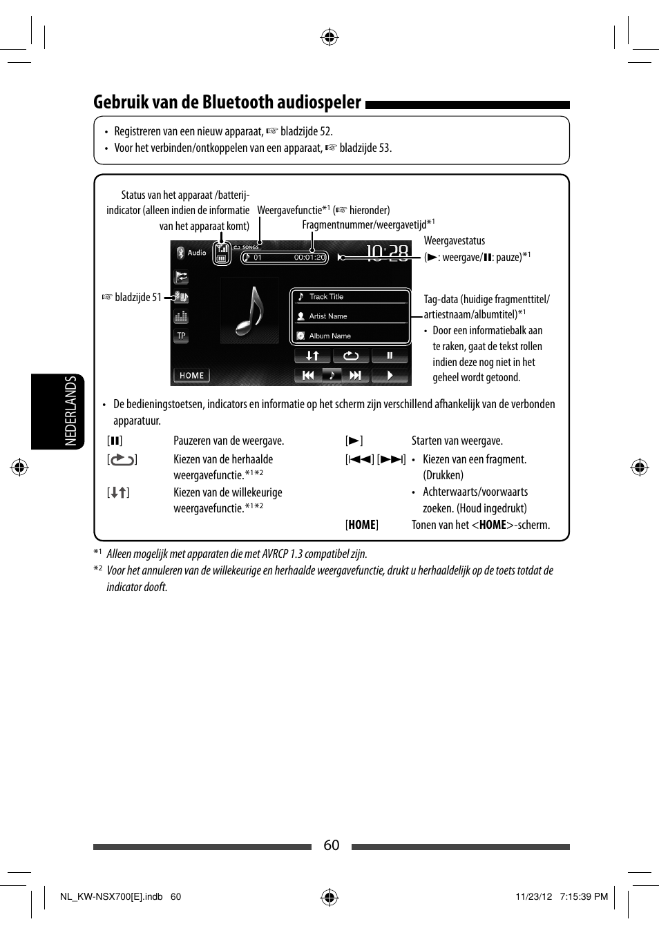 Gebruik van de bluetooth audiospeler, 60 nederlands | JVC KW-NSX700 User Manual | Page 288 / 309