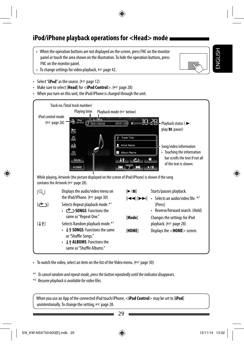 Ipod/iphone playback operations for <head> mode, 29 english | JVC KW-NSX700 User Manual | Page 29 / 309