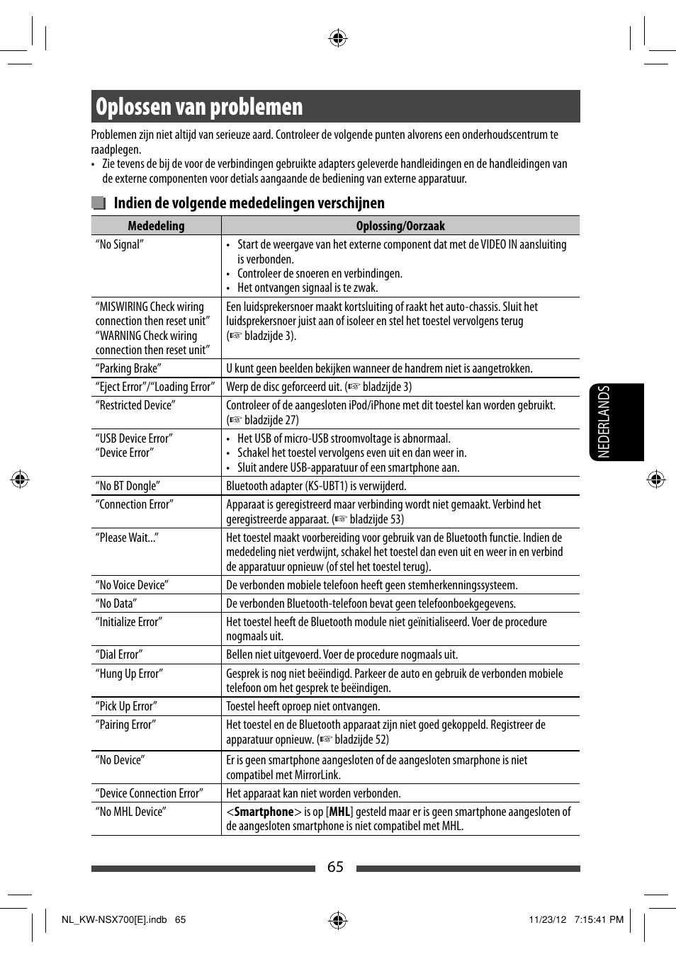 Oplossen van problemen, Indien de volgende mededelingen verschijnen | JVC KW-NSX700 User Manual | Page 293 / 309