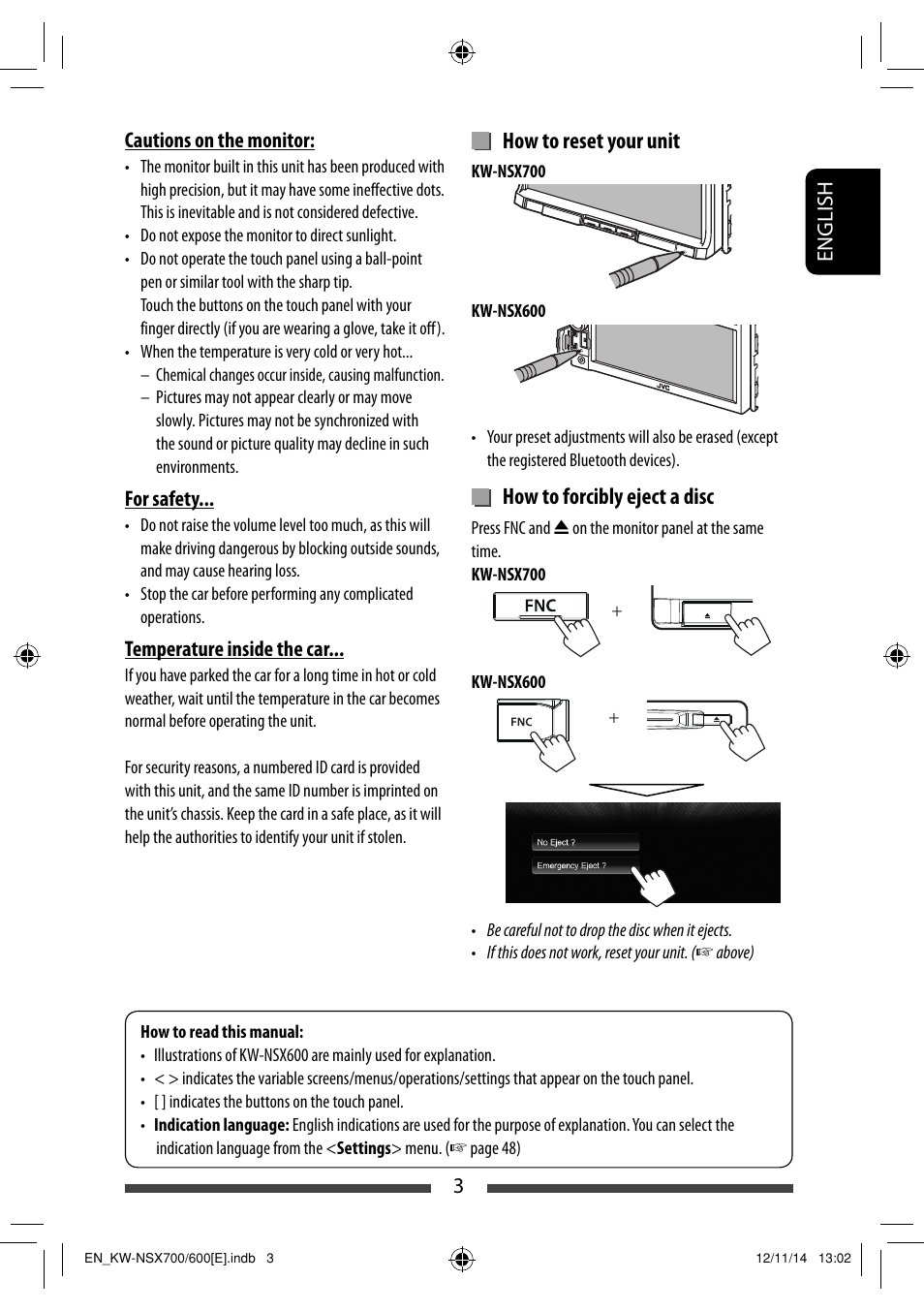 How to reset your unit, How to forcibly eject a disc | JVC KW-NSX700 User Manual | Page 3 / 309