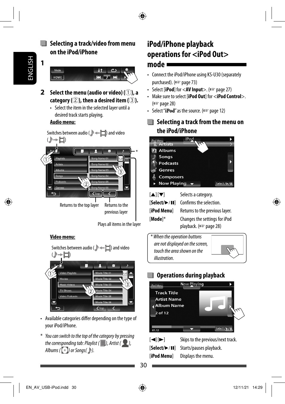 Selecting a track from the menu on the ipod/iphone, Operations during playback | JVC KW-NSX700 User Manual | Page 30 / 309