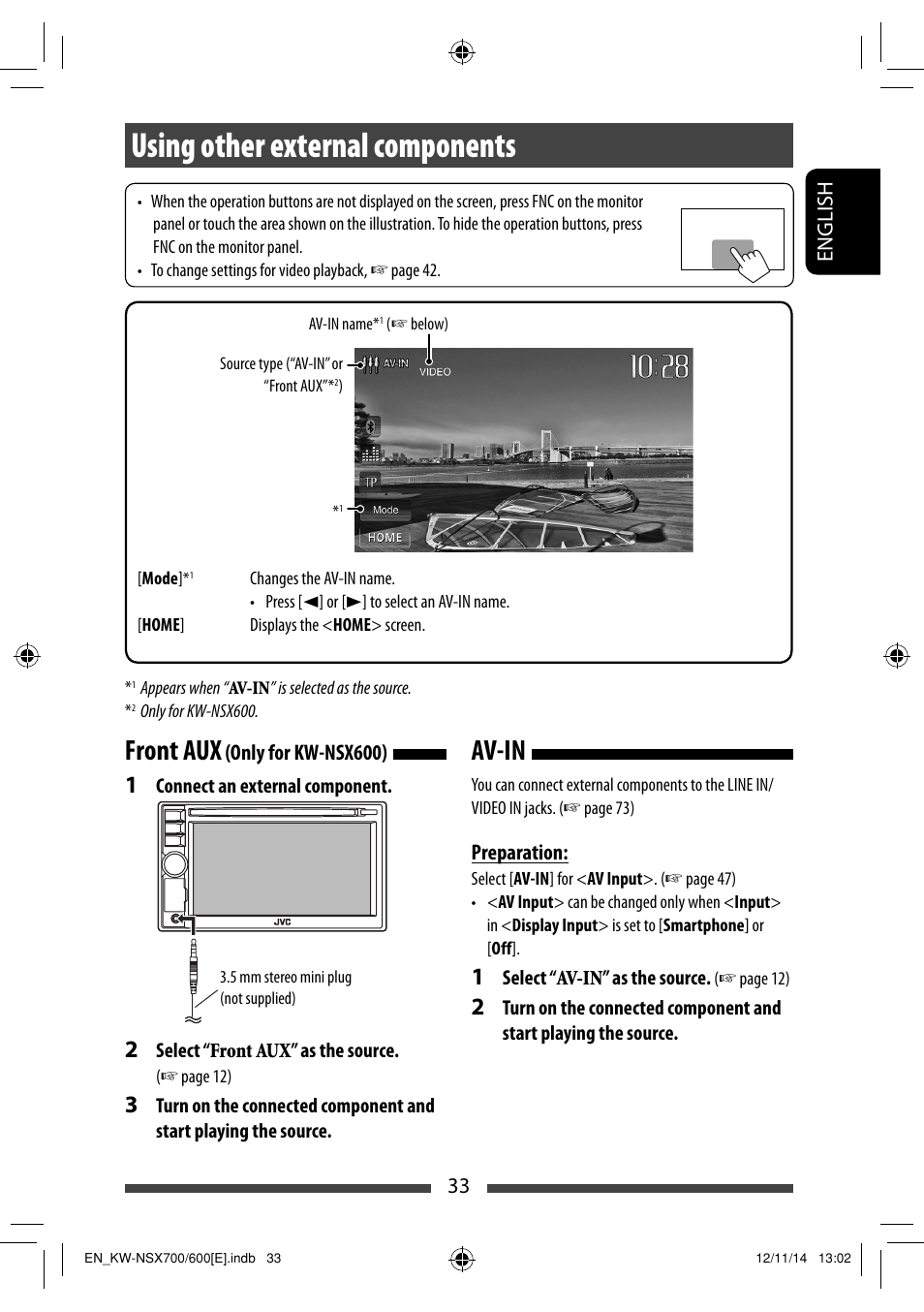 Using other external components, Front aux (only for kw-nsx600), Av-in | Av-in front aux | JVC KW-NSX700 User Manual | Page 33 / 309