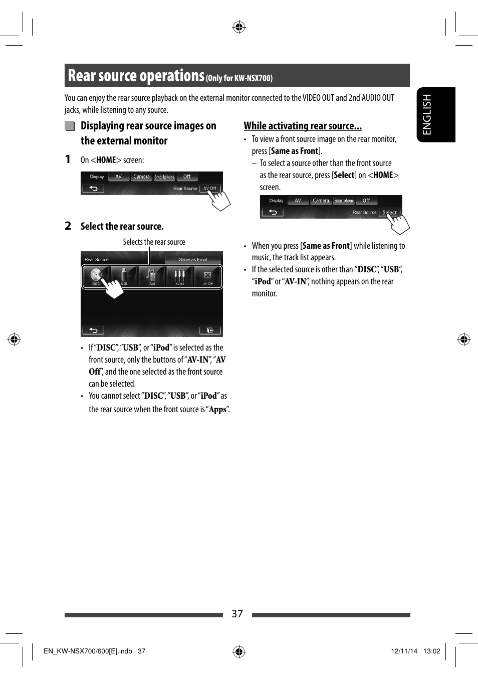 Rear source operations (only for kw-nsx700), Rear source operations | JVC KW-NSX700 User Manual | Page 37 / 309