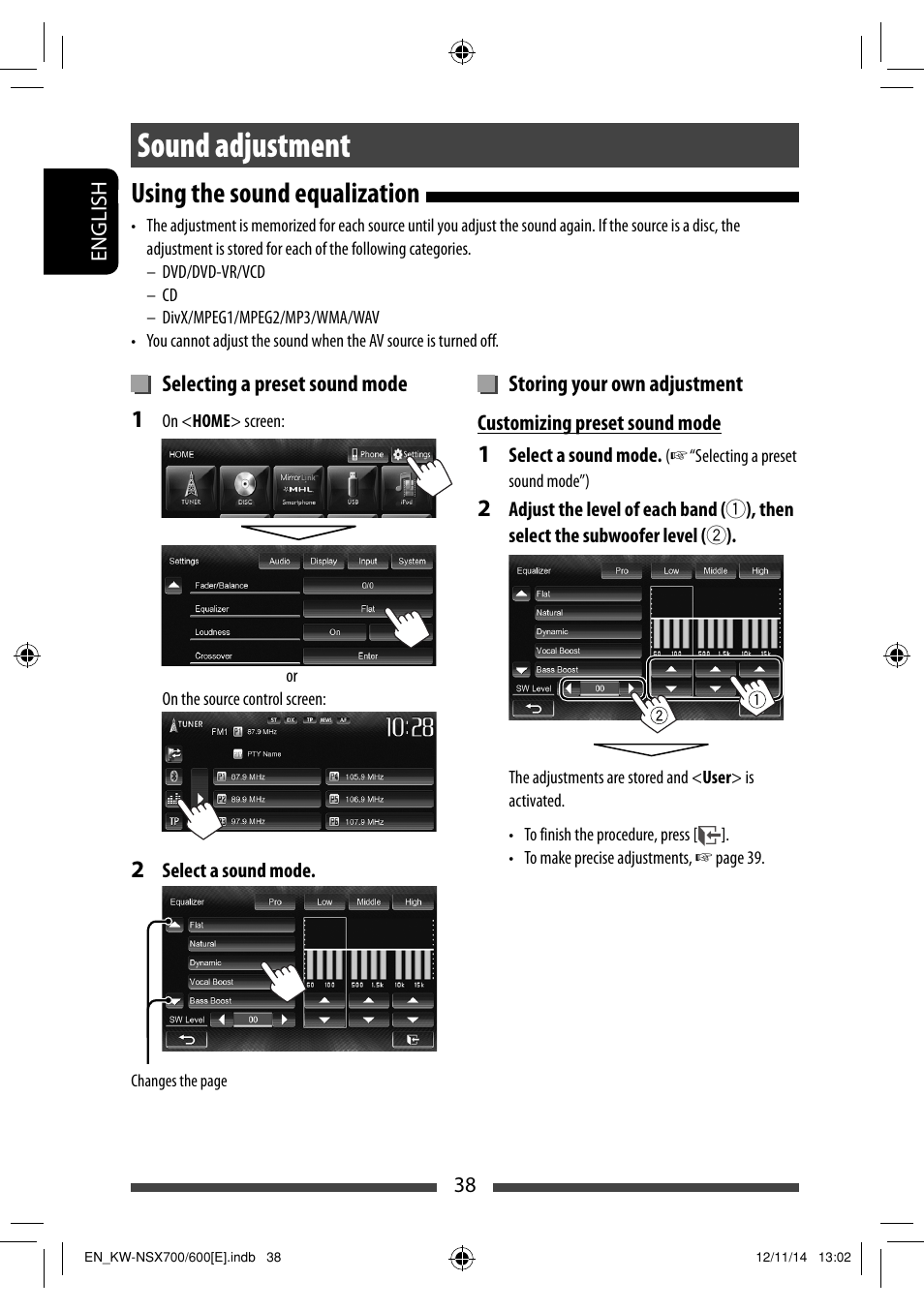 Sound adjustment, Using the sound equalization | JVC KW-NSX700 User Manual | Page 38 / 309