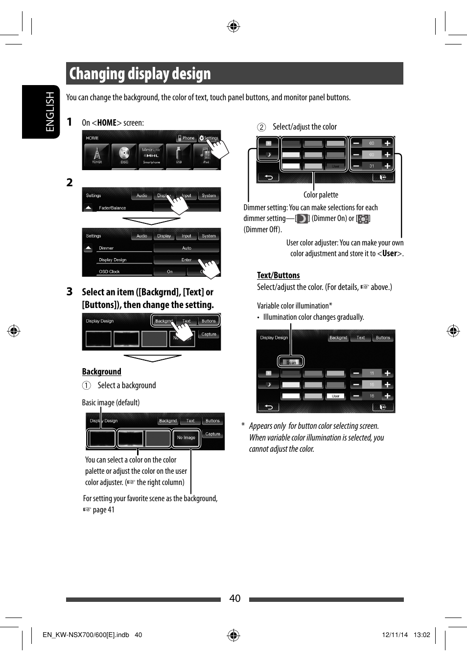 Changing display design | JVC KW-NSX700 User Manual | Page 40 / 309