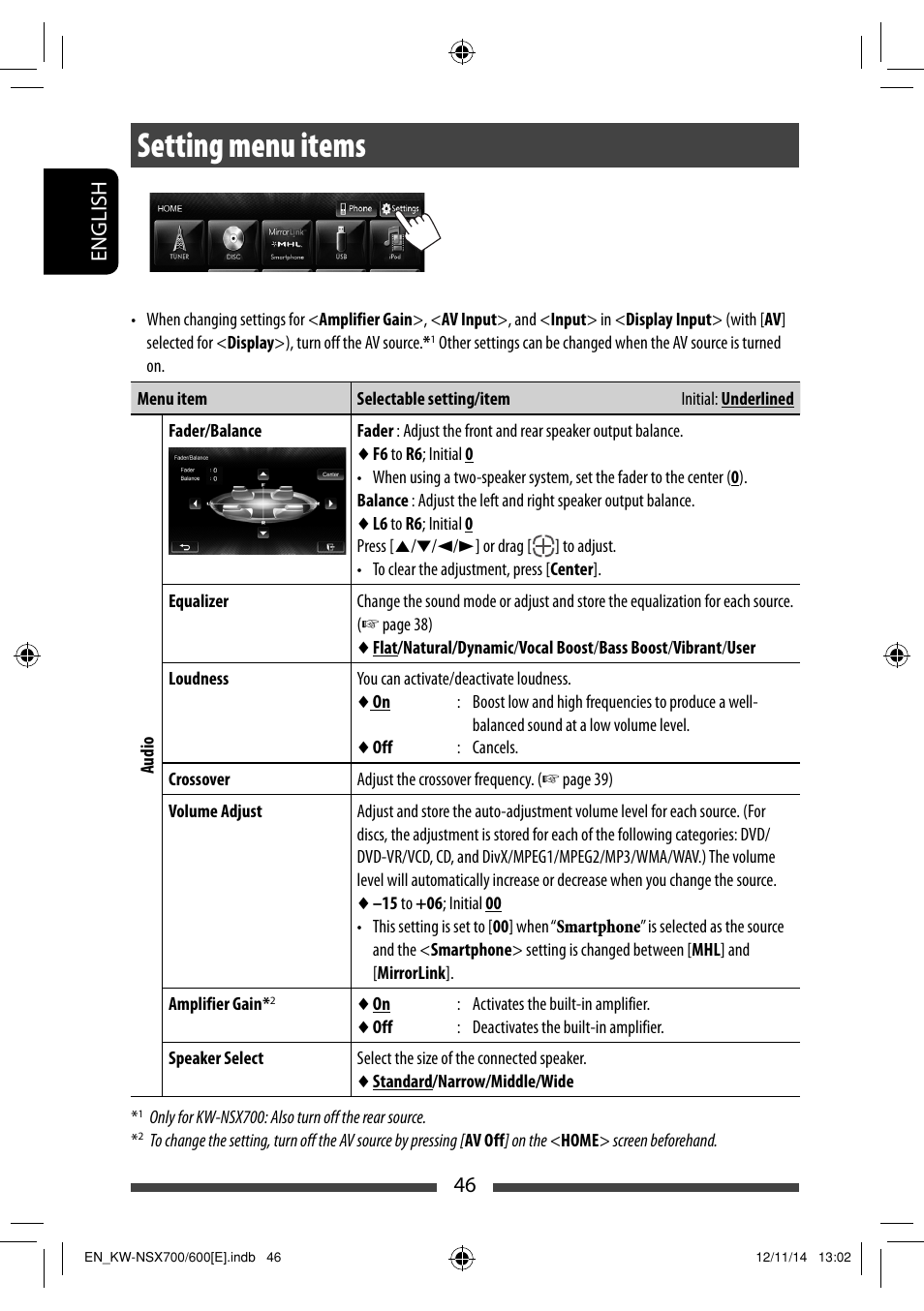 Setting menu items, 46 english | JVC KW-NSX700 User Manual | Page 46 / 309