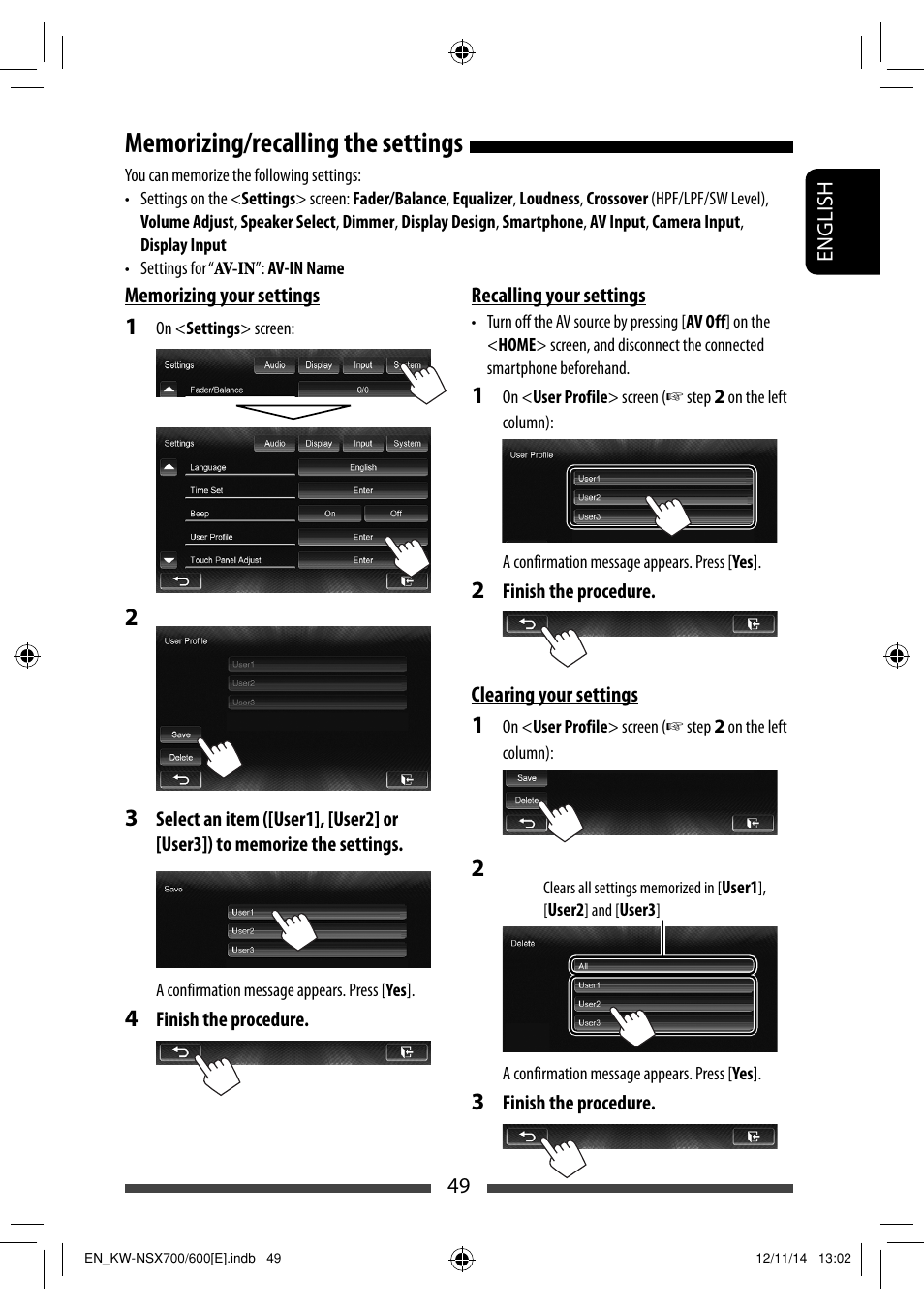 Memorizing/recalling the settings | JVC KW-NSX700 User Manual | Page 49 / 309