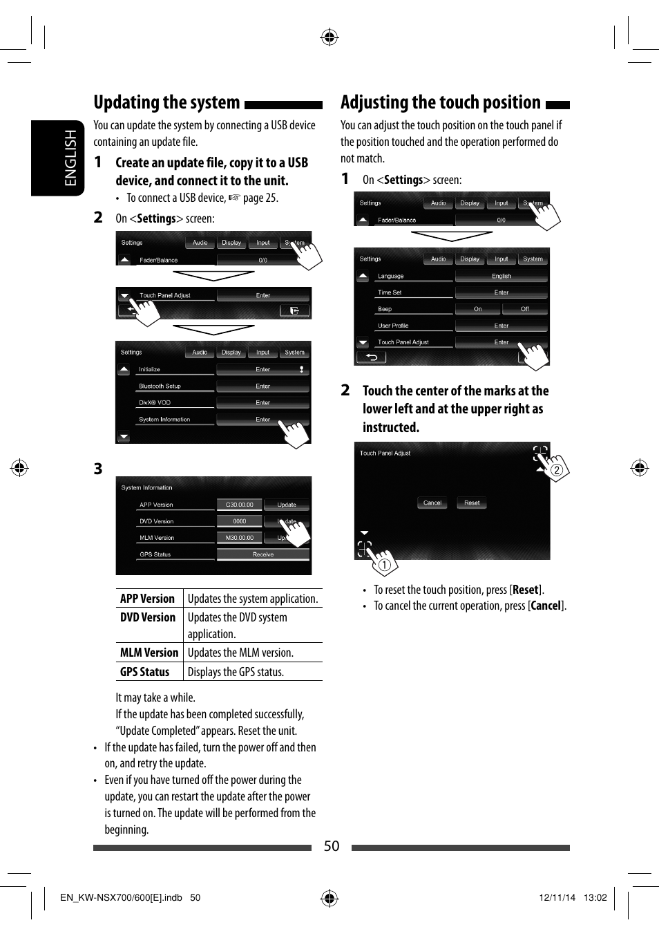 Updating the system, Adjusting the touch position | JVC KW-NSX700 User Manual | Page 50 / 309