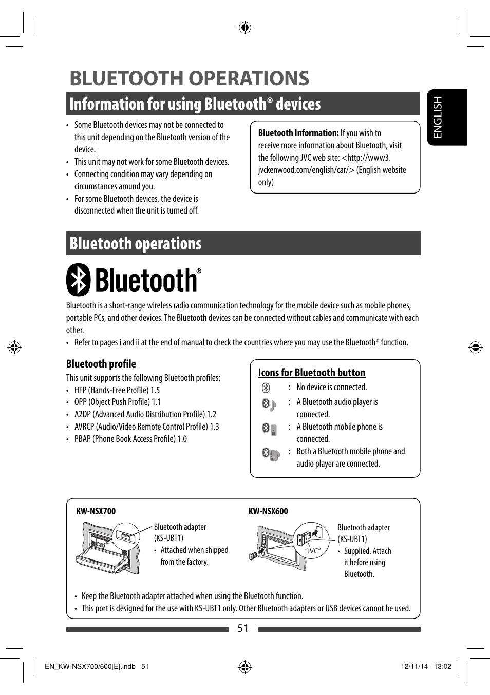 Bluetooth operations, Information for using bluetooth® devices | JVC KW-NSX700 User Manual | Page 51 / 309