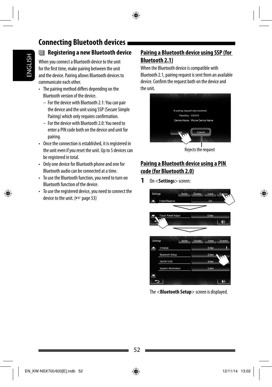 Connecting bluetooth devices, Registering a new bluetooth device | JVC KW-NSX700 User Manual | Page 52 / 309